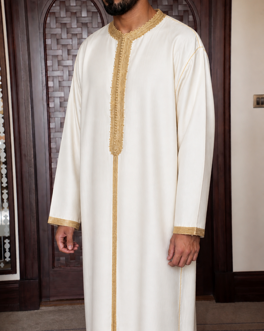 Moroccan White & Gold Embroidered Thobe – Luxury Eid Kamees