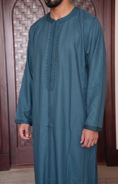 Moroccan Blue Embroidered Thobe – Classic Long Sleeve Kamees