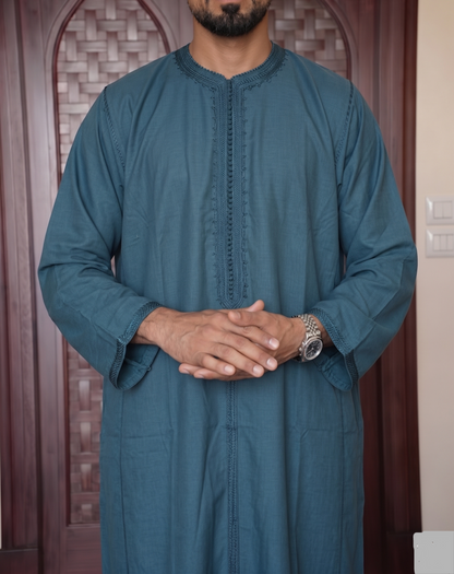 Moroccan Blue Embroidered Thobe – Classic Long Sleeve Kamees