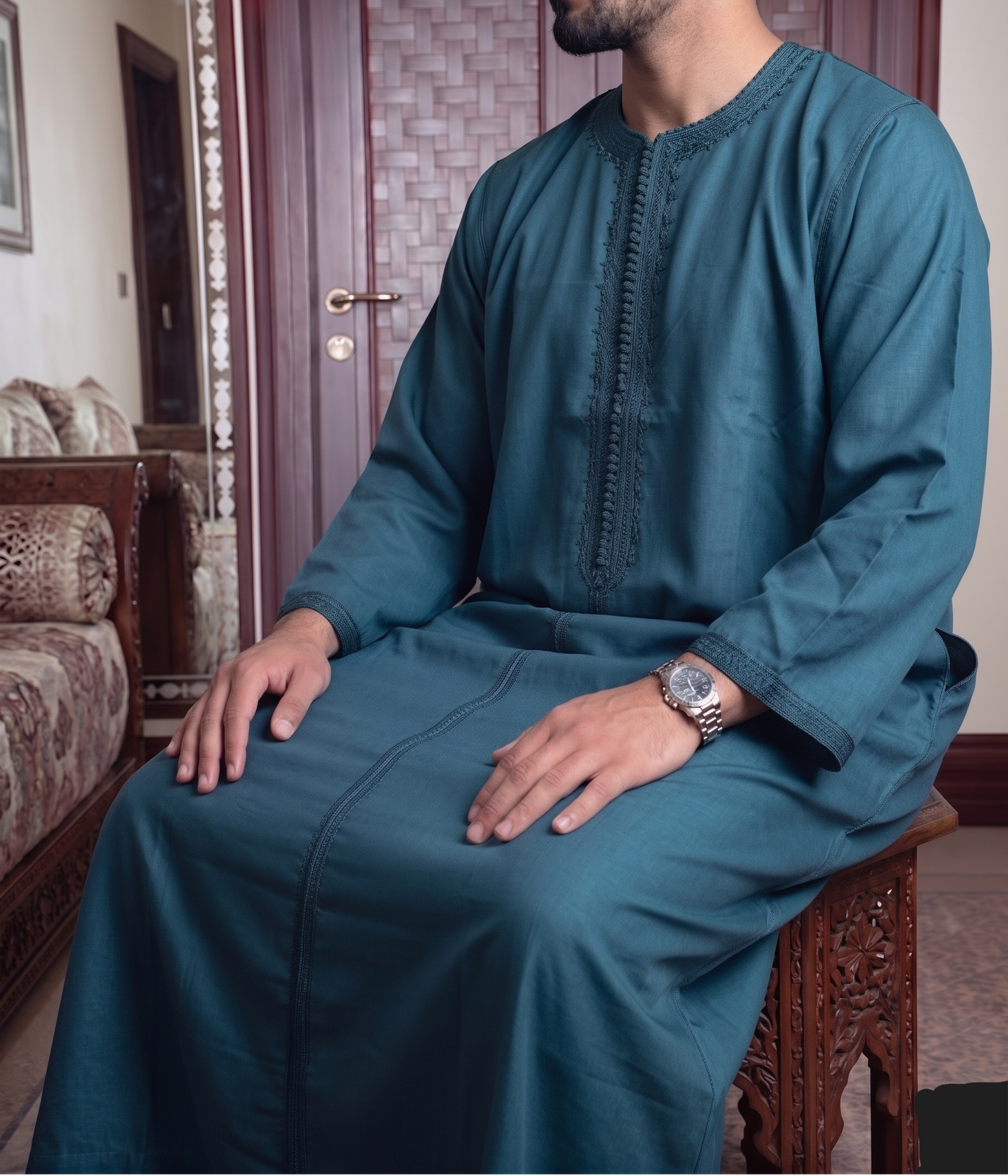 Moroccan Blue Embroidered Thobe – Classic Long Sleeve Kamees