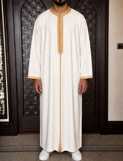 Moroccan White & Gold Embroidered Thobe – Luxury Eid Kamees
