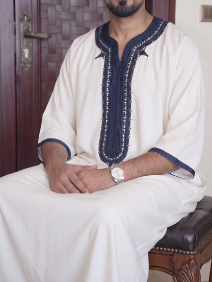 Moroccan White & Navy Embroidered Thobe
