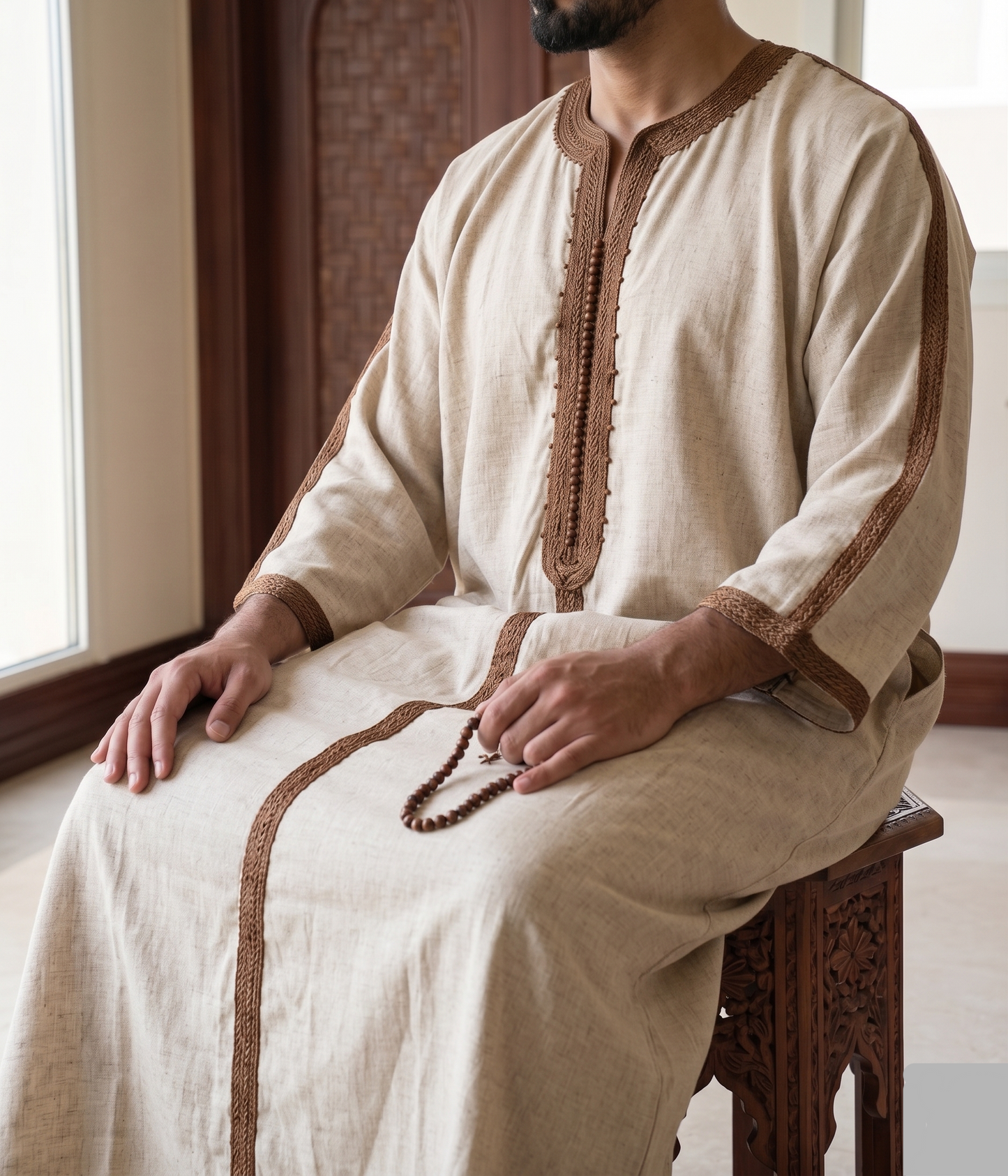Moroccan Beige Embroidered Thobe – Premium Linen Style Thob (Brown Trim)