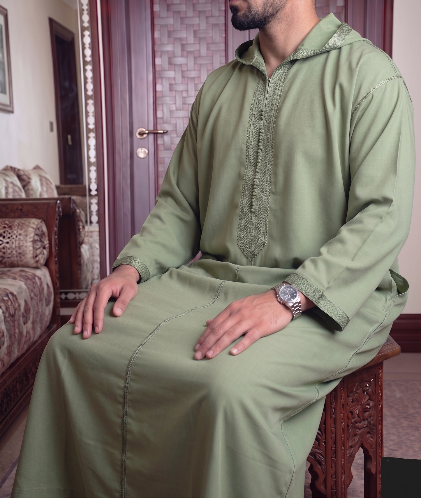 Moroccan Olive Hooded Thobe – Modern Minimalist Djellaba