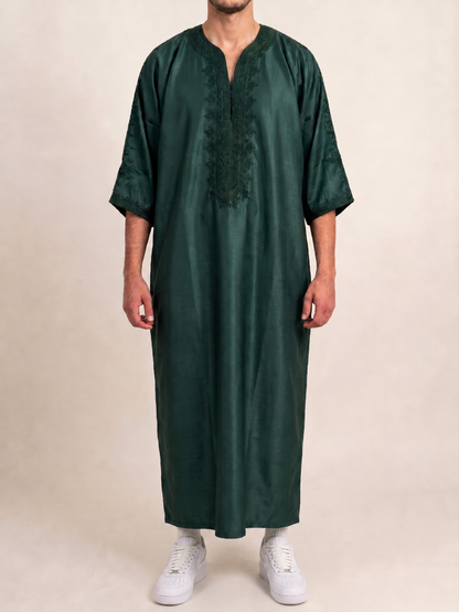 Moroccan Dark Green Embroidered Thobe – Luxury Short Sleeve Thobe