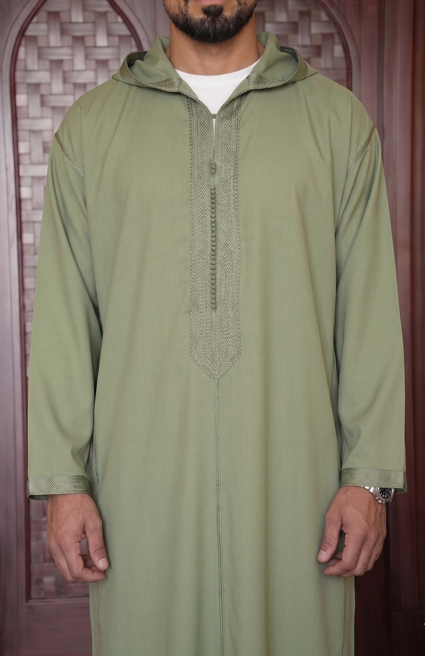 Moroccan Olive Hooded Thobe – Modern Minimalist Djellaba