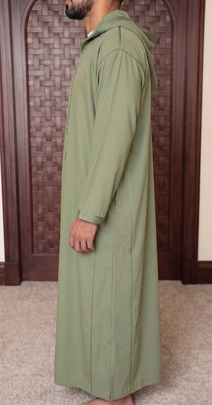 Moroccan Olive Hooded Thobe – Modern Minimalist Djellaba