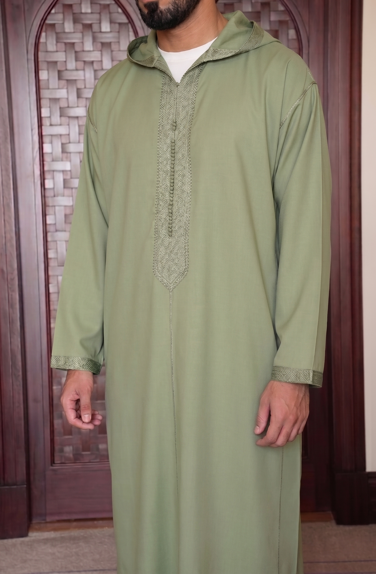 Moroccan Olive Hooded Thobe – Modern Minimalist Djellaba
