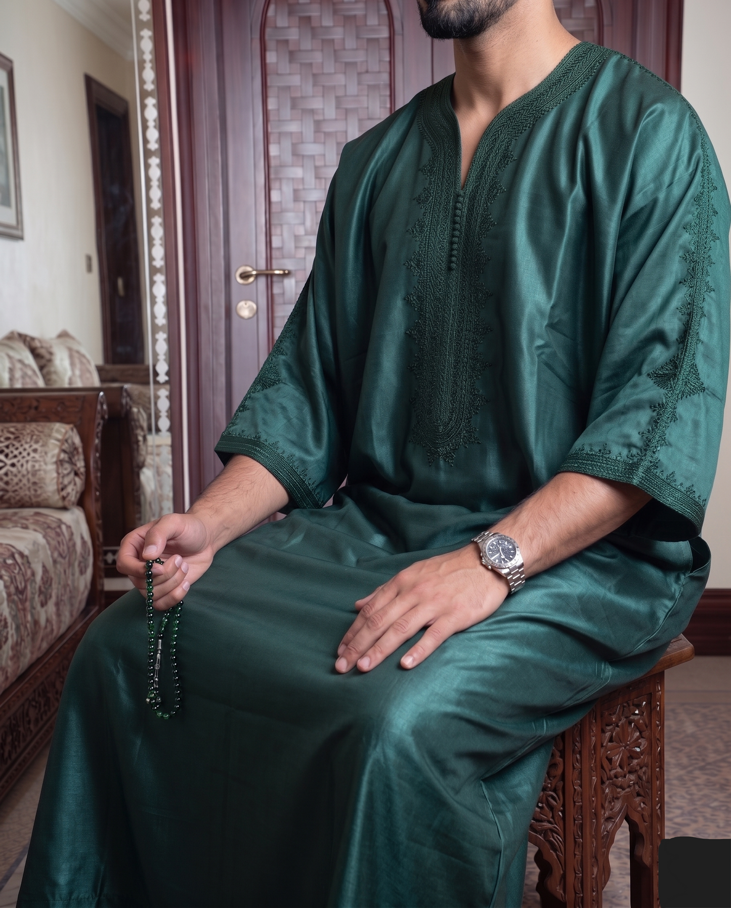 Moroccan Dark Green Embroidered Thobe – Luxury Short Sleeve Thobe