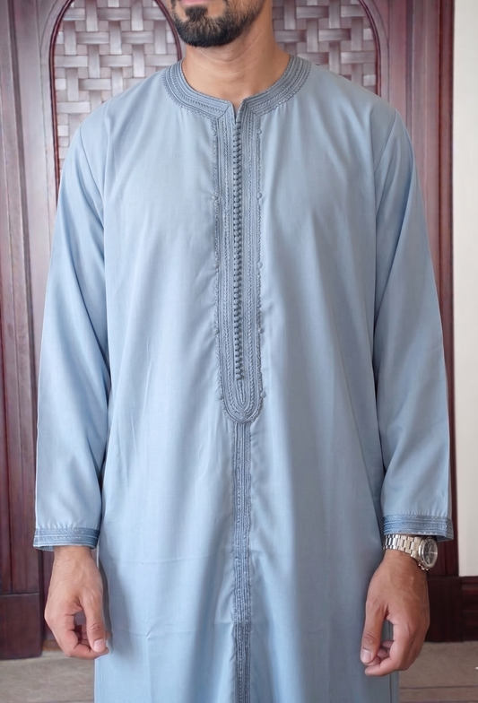 Moroccan Light Blue Embroidered Thobe – Classic Elegant Kamees