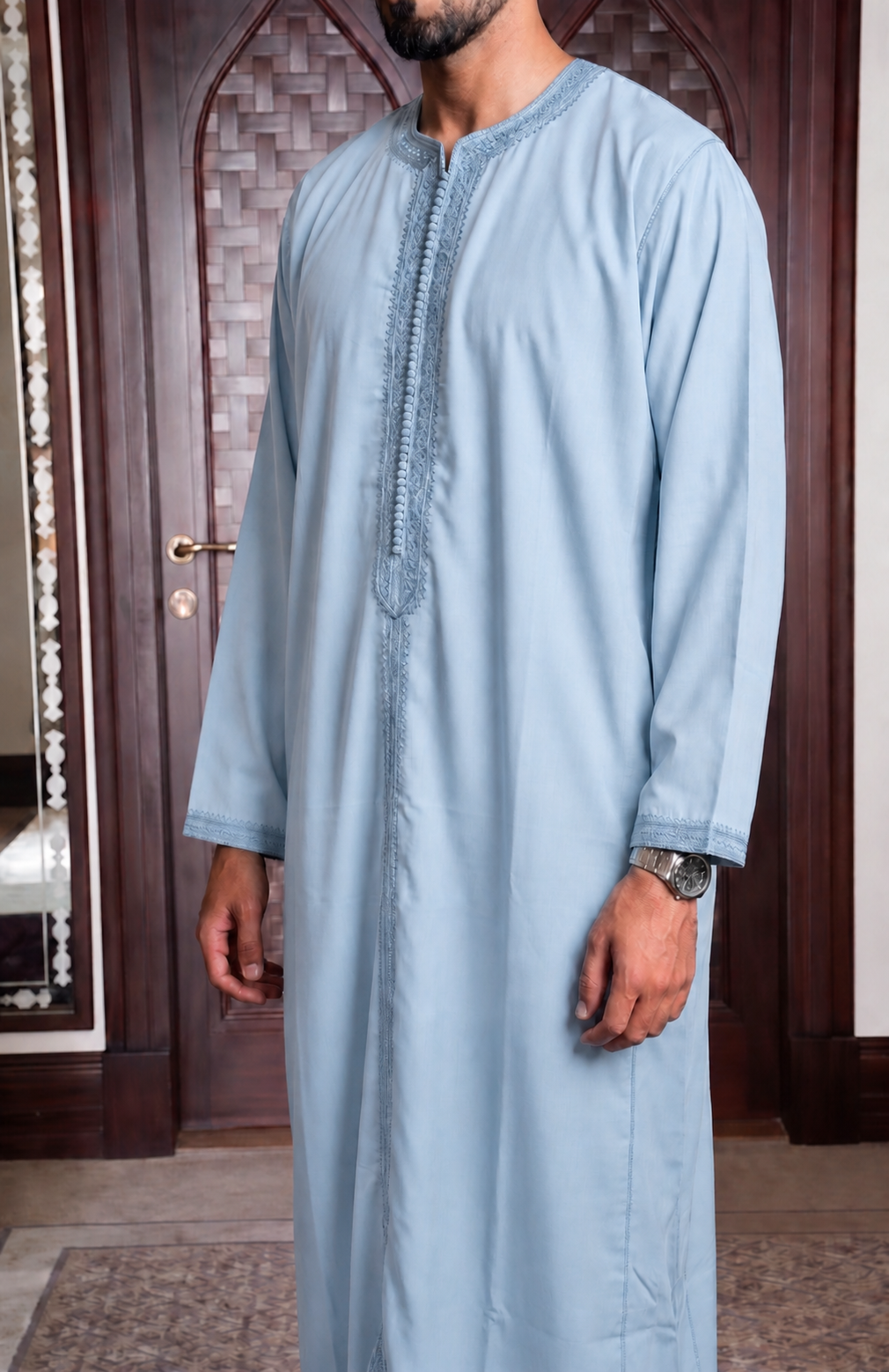 Moroccan Light Blue Embroidered Thobe – Classic Elegant Kamees