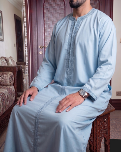 Moroccan Light Blue Embroidered Thobe – Classic Elegant Kamees