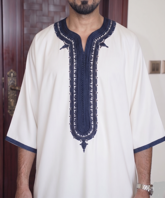 Moroccan White & Navy Embroidered Thobe