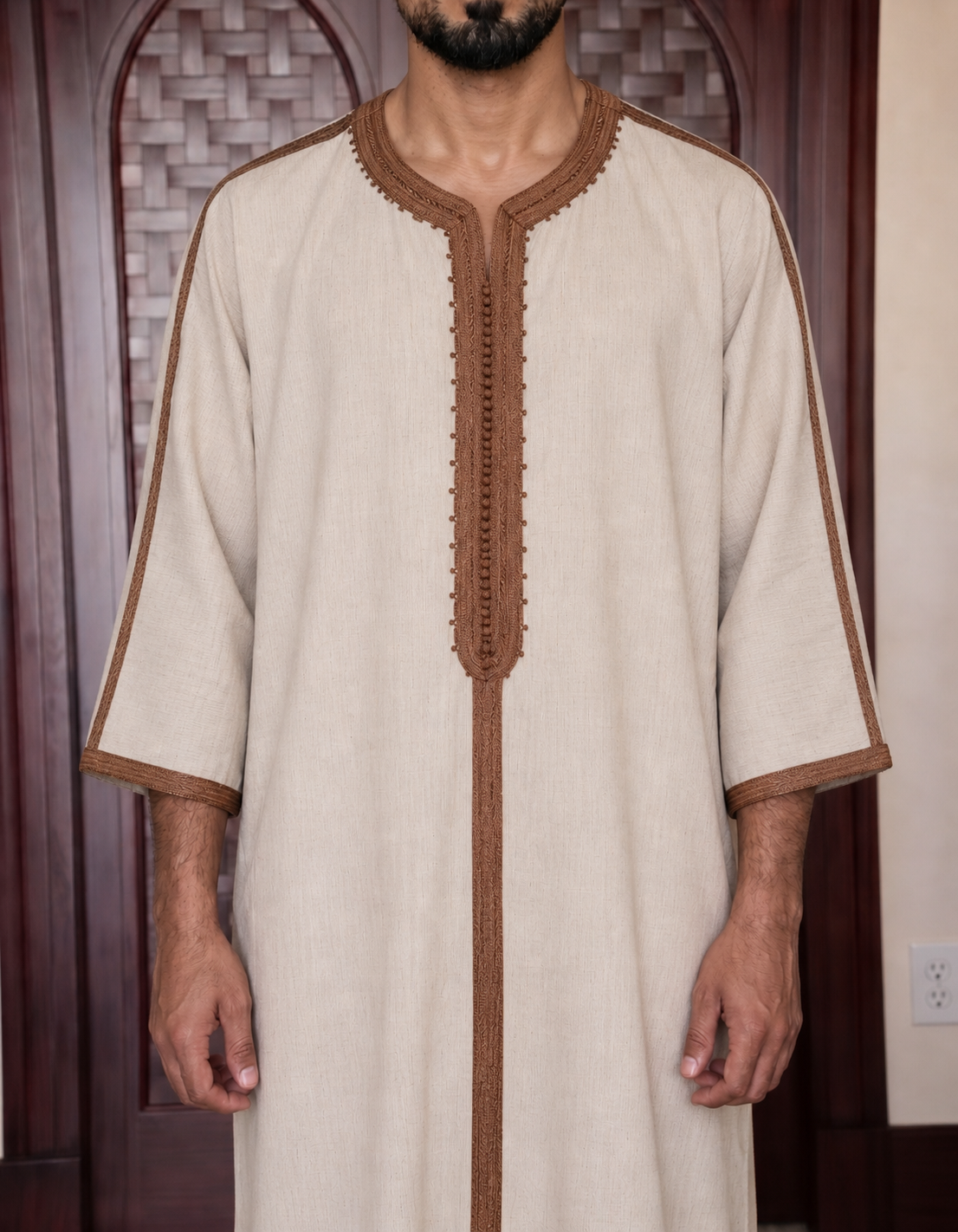 Moroccan Beige Embroidered Thobe – Premium Linen Style Thob (Brown Trim)