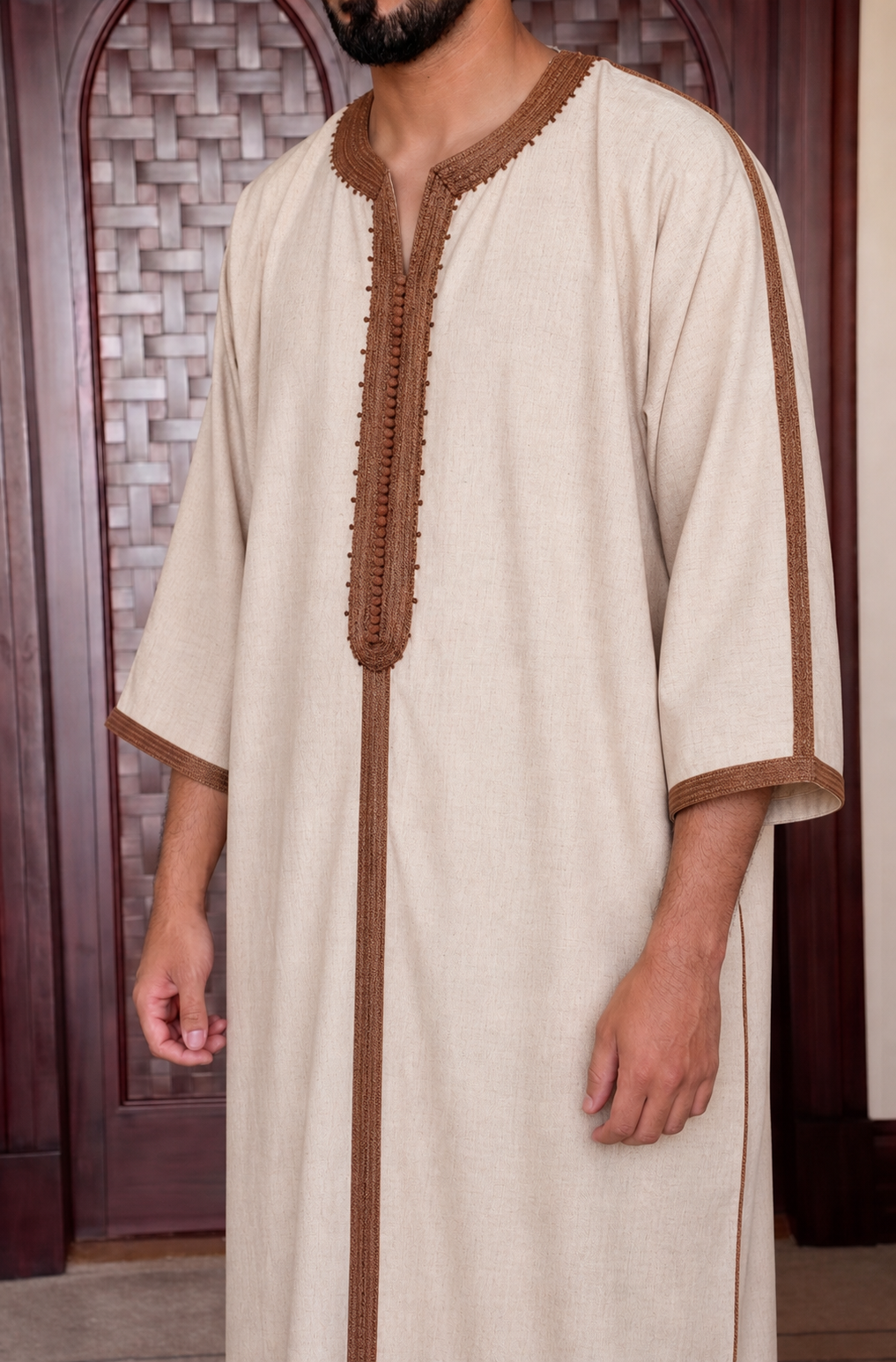 Moroccan Beige Embroidered Thobe – Premium Linen Style Thob (Brown Trim)
