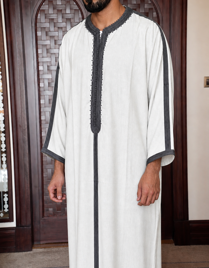 Moroccan White & Grey Thobe – Modern Minimal Embroidered Thob