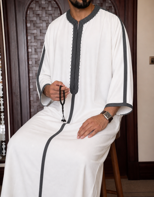 Moroccan White & Grey Thobe – Modern Minimal Embroidered Thob