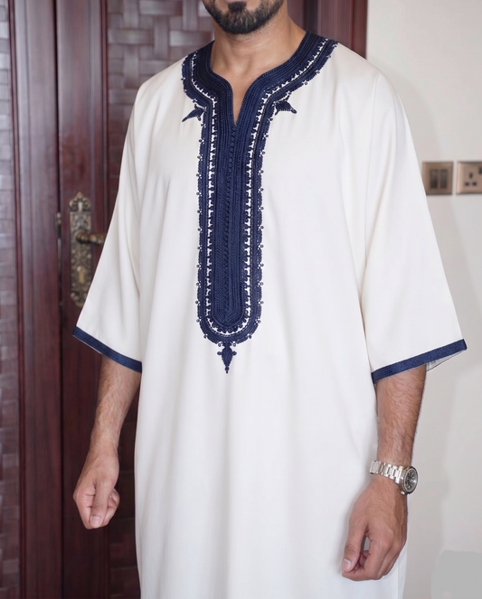 Moroccan White & Navy Embroidered Thobe
